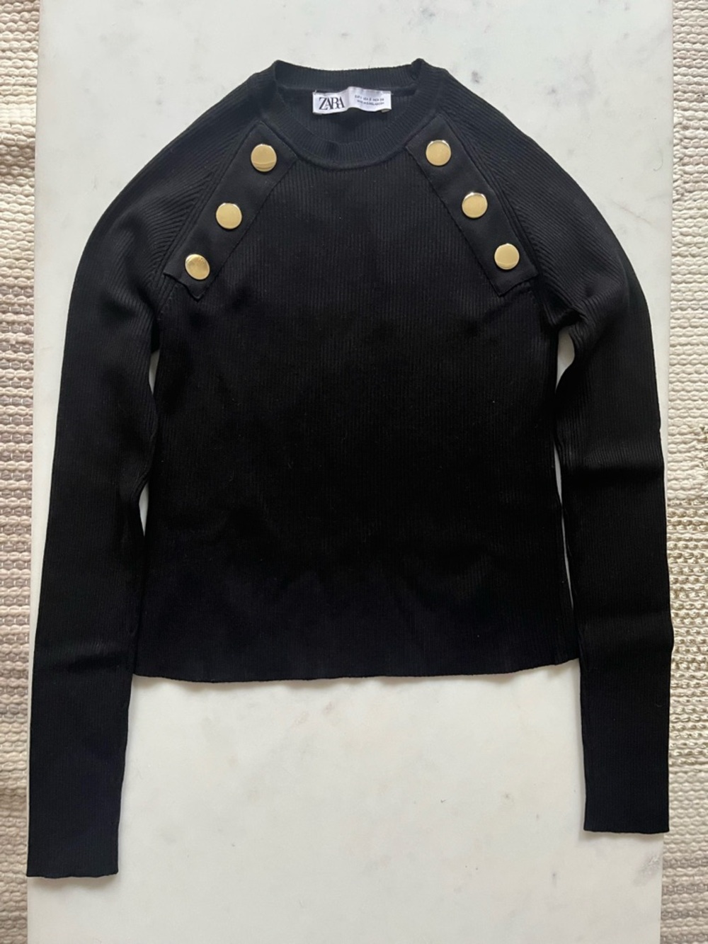 Zara Black Ribbed Knit Sweater with Gold Buttons